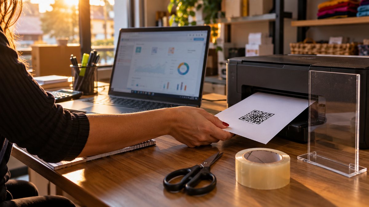 Folha com QR code recém-impressa ao lado de um notebook em um pequeno escritório de loja