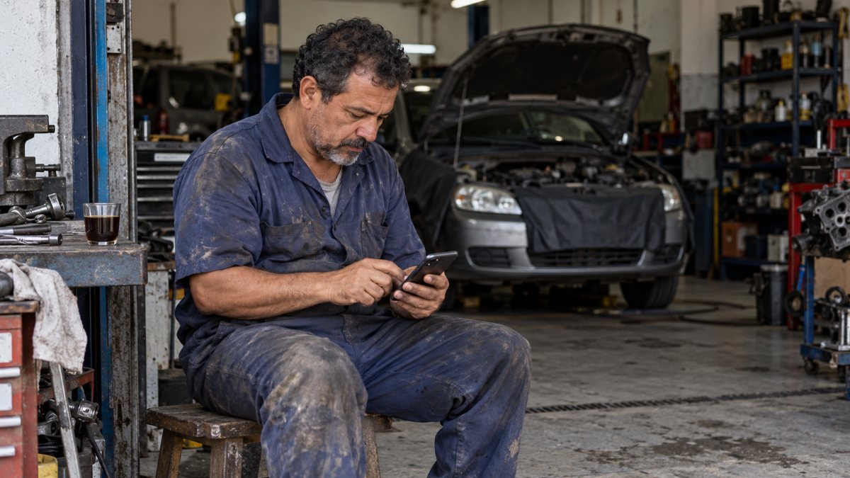 Dono de oficina mecânica digita no celular durante uma pausa, respondendo clientes