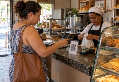 Cliente aponta o celular para um QR code no balcão de uma padaria para avaliar o atendimento