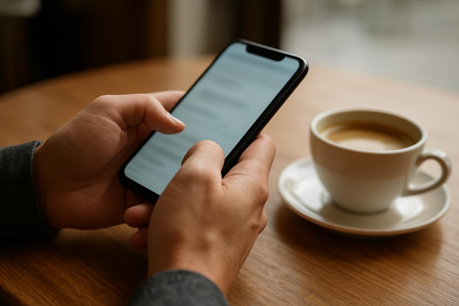 Mãos segurando um smartphone sobre mesa de café durante a configuração de conta