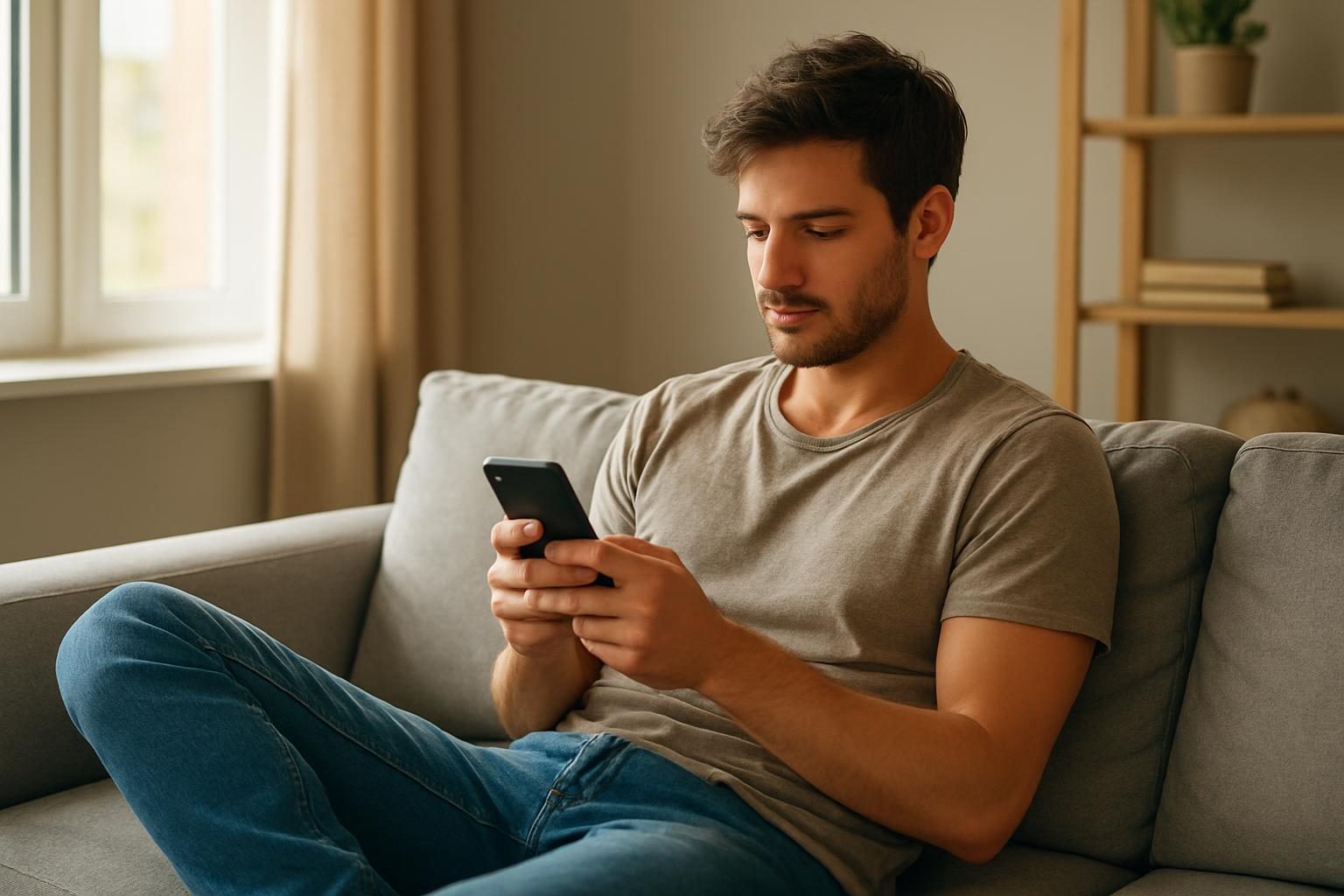 Pessoa sentada no sofá usando o celular para revisar as configurações da conta