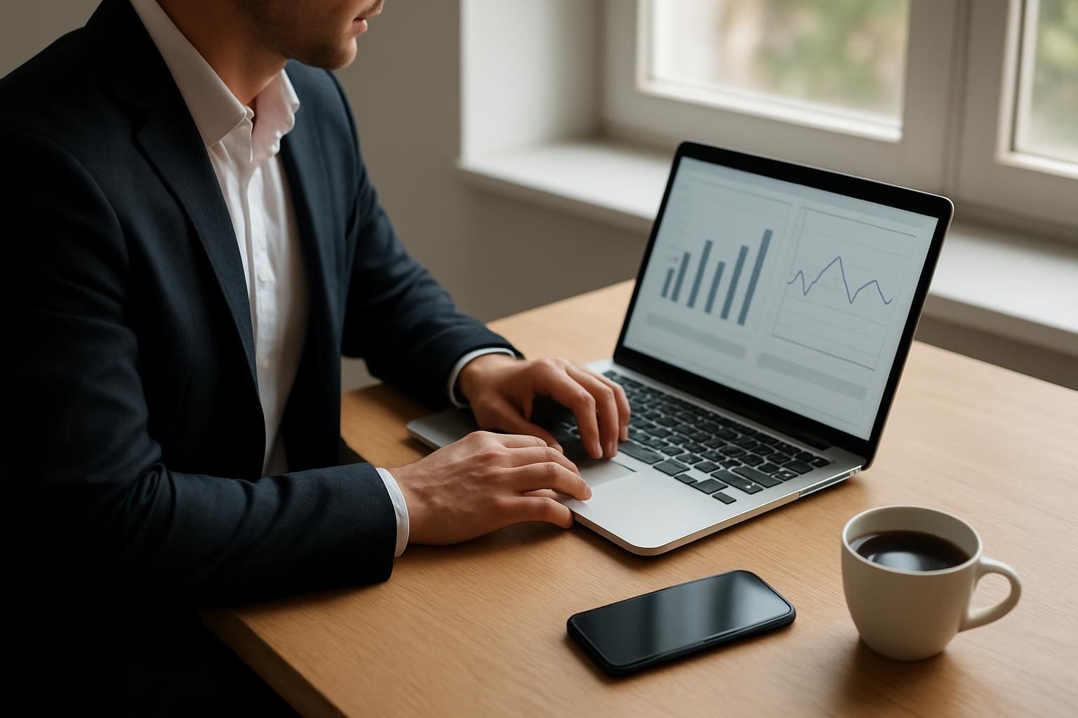 Empreendedora analisando gráficos de desempenho no notebook