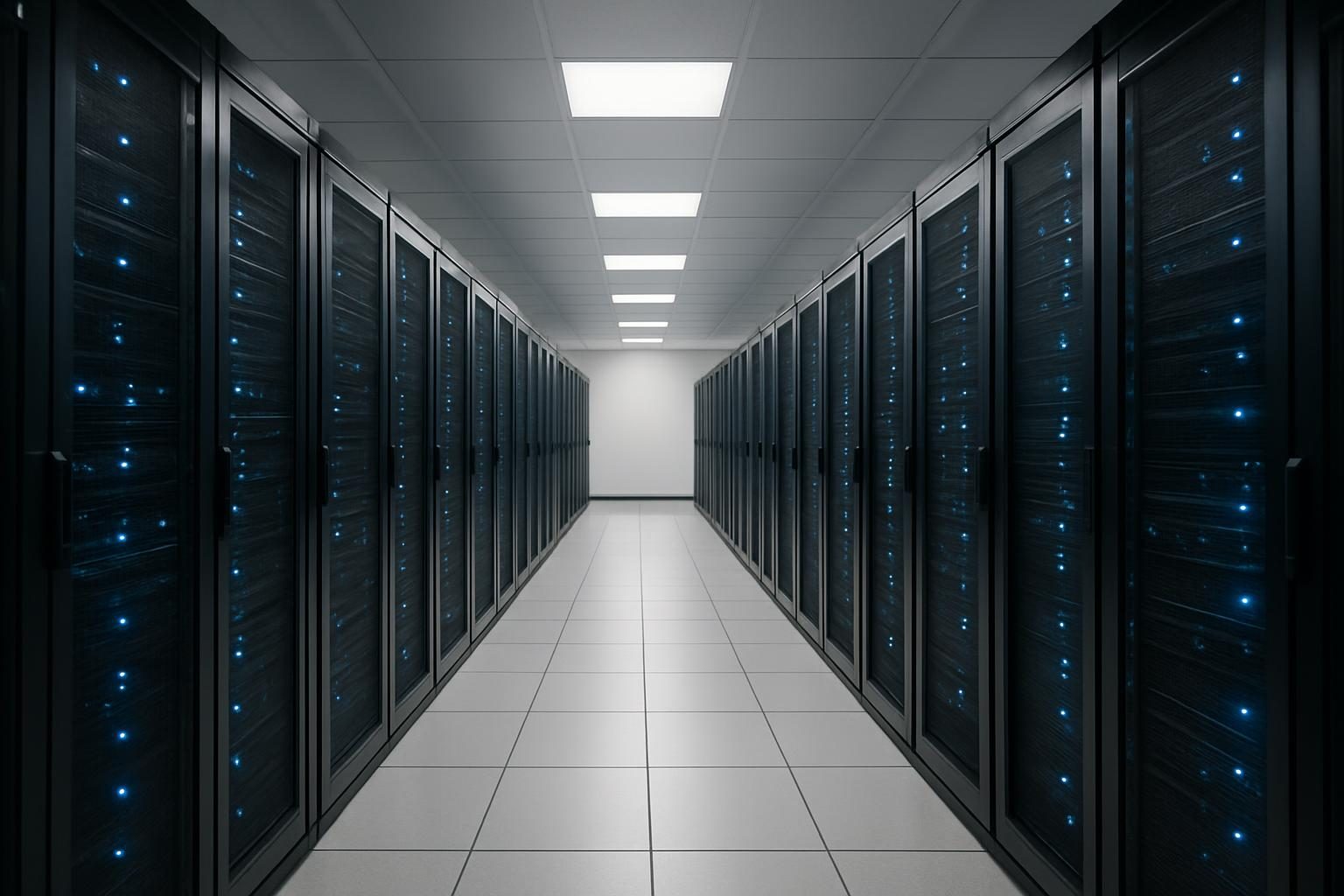 Corredor de data center com fileiras de servidores