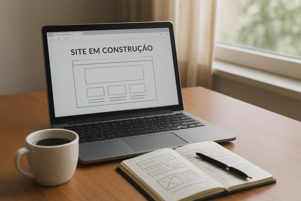 Mesa de trabalho com notebook exibindo o layout de um site em construção e um caderno de rascunhos