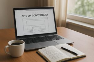 Mesa de trabalho com notebook exibindo o layout de um site em construção e um caderno de rascunhos