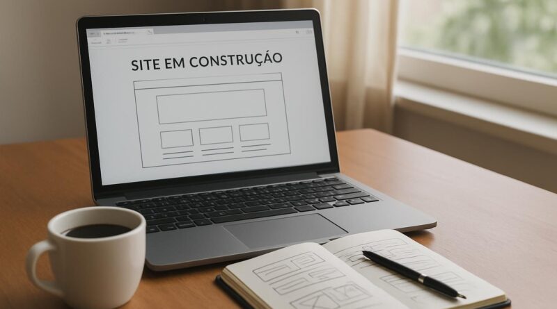 Mesa de trabalho com notebook exibindo o layout de um site em construção e um caderno de rascunhos