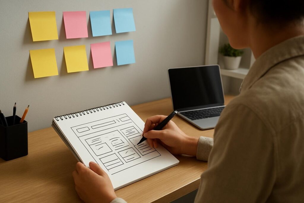 Post-its organizados na parede planejando as páginas de um site de pequeno negócio