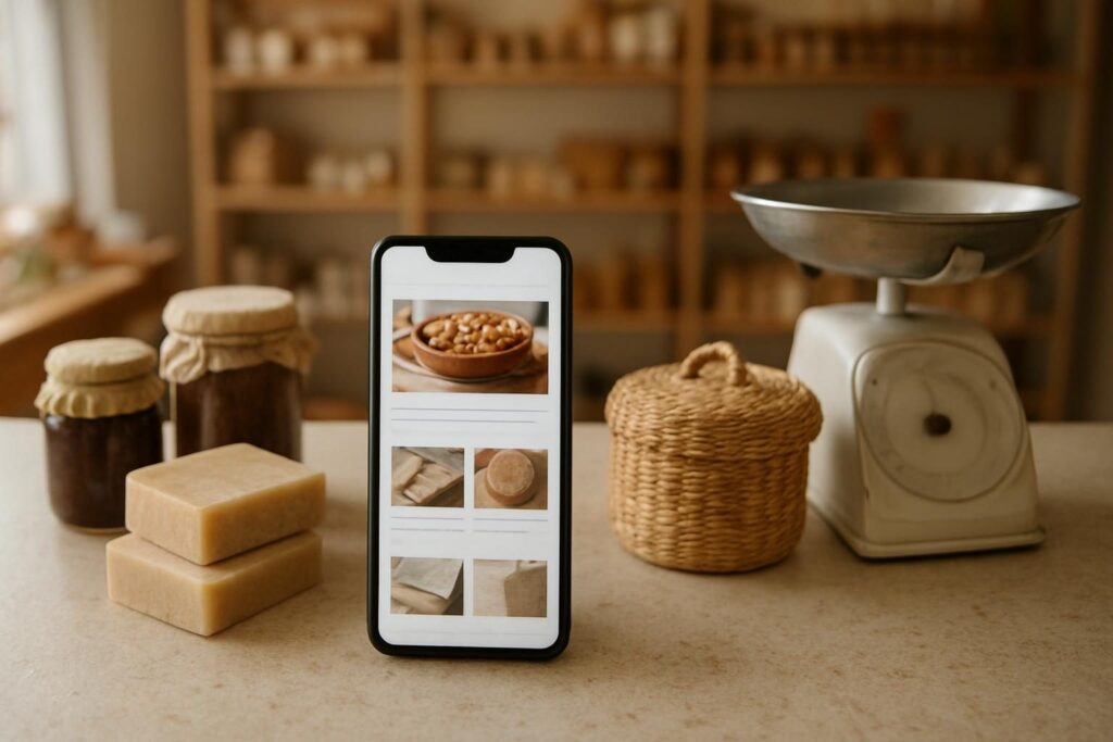 Celular sobre a bancada de uma loja de bairro mostrando um site aberto ao lado de produtos