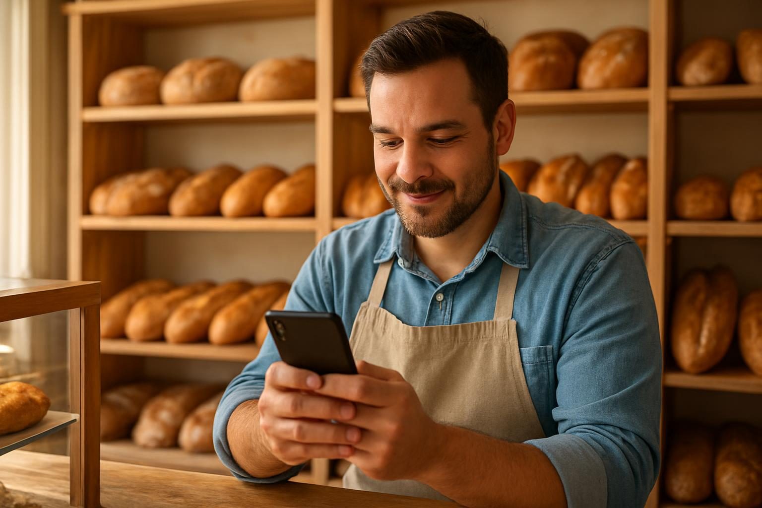 Dona de padaria conferindo uma publicação no celular atrás do balcão