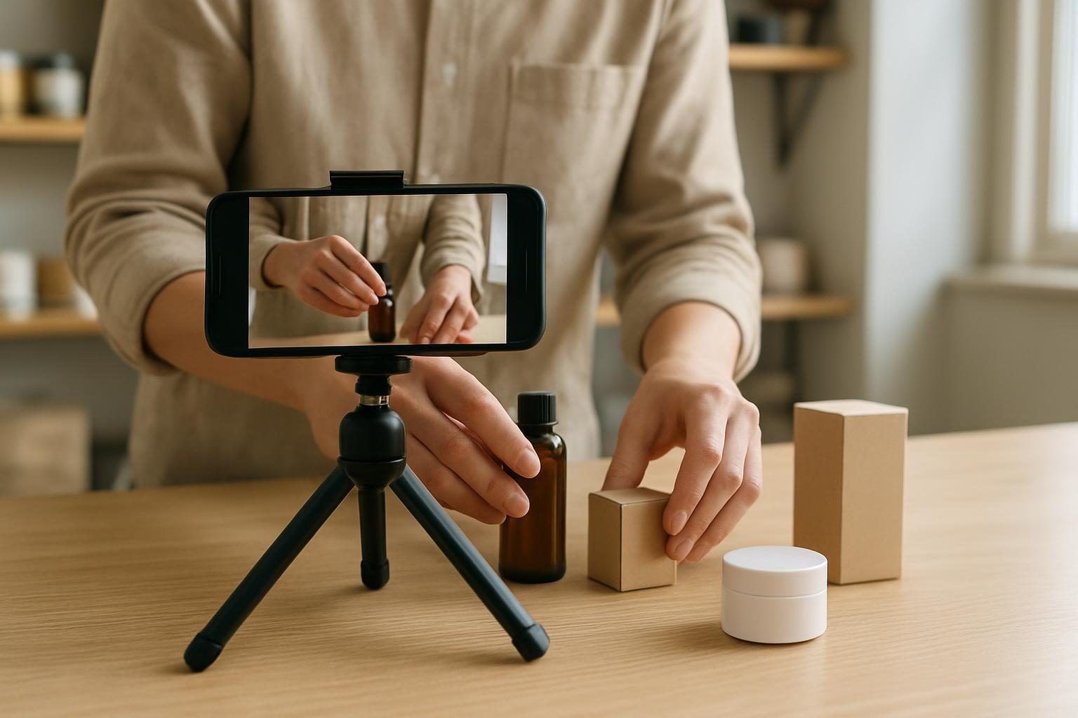 Celular em tripé gravando vídeo curto dos produtos sobre o balcão de uma loja