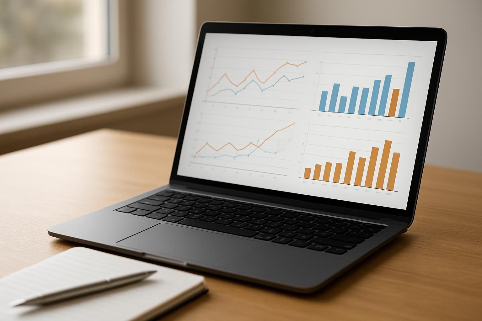 Notebook exibindo gráficos de desempenho de conteúdos em uma mesa de escritório