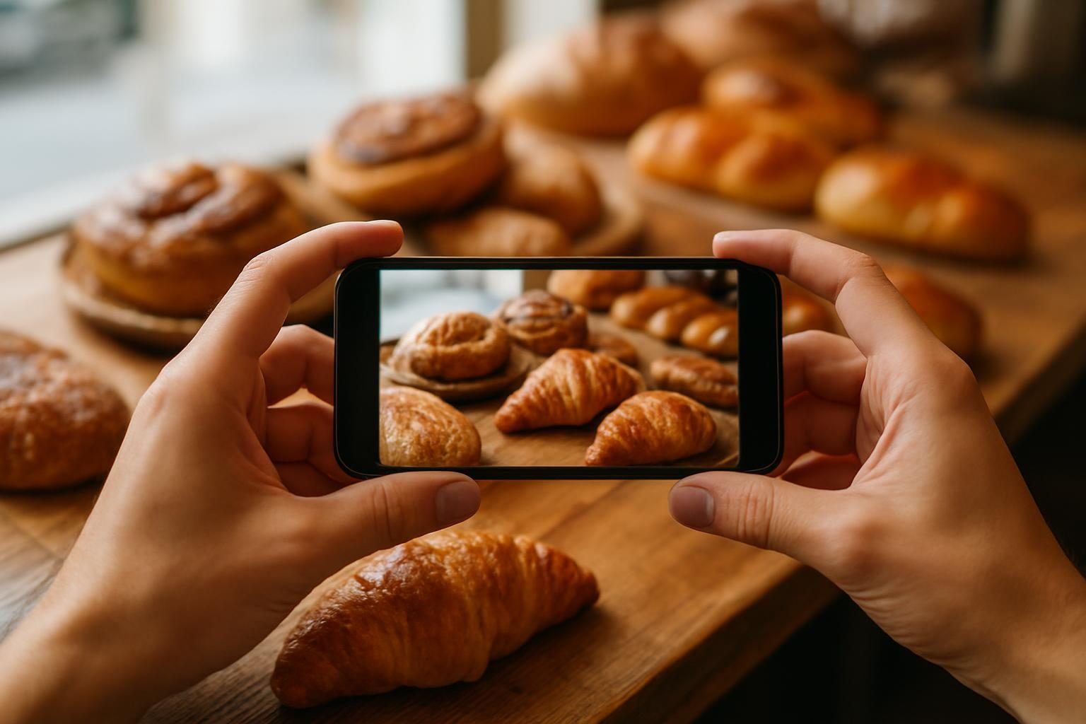 Mãos fotografando pães no balcão de uma padaria com o celular para publicar nas redes sociais