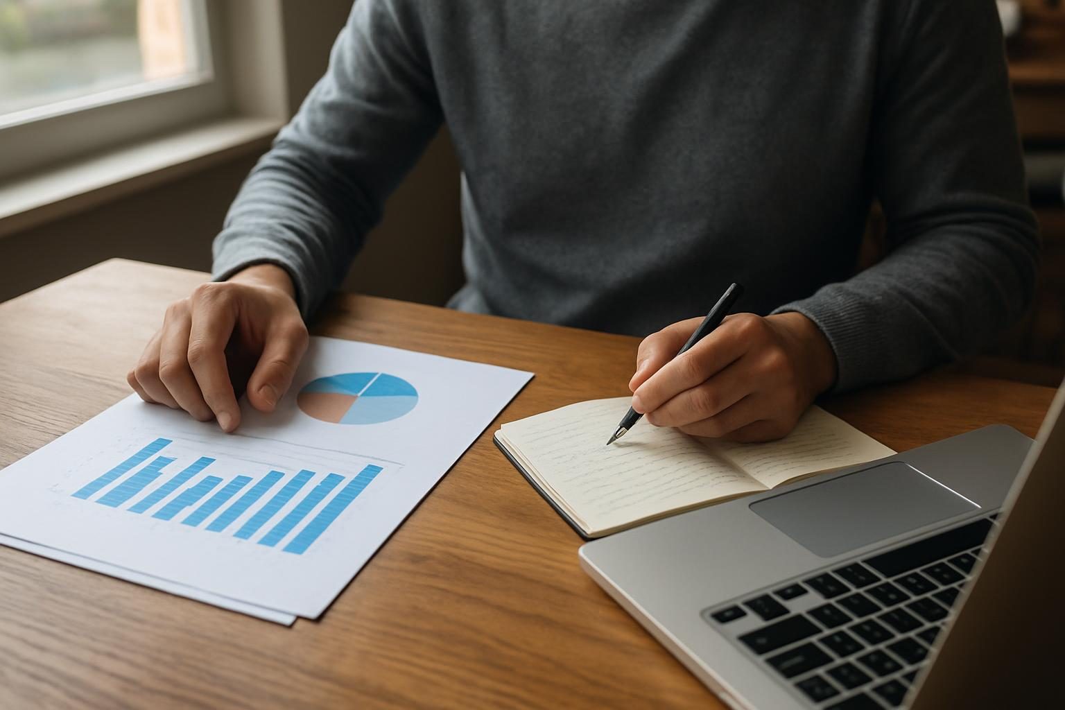 Pessoa analisando gráficos impressos e anotações ao lado do notebook para acompanhar resultados