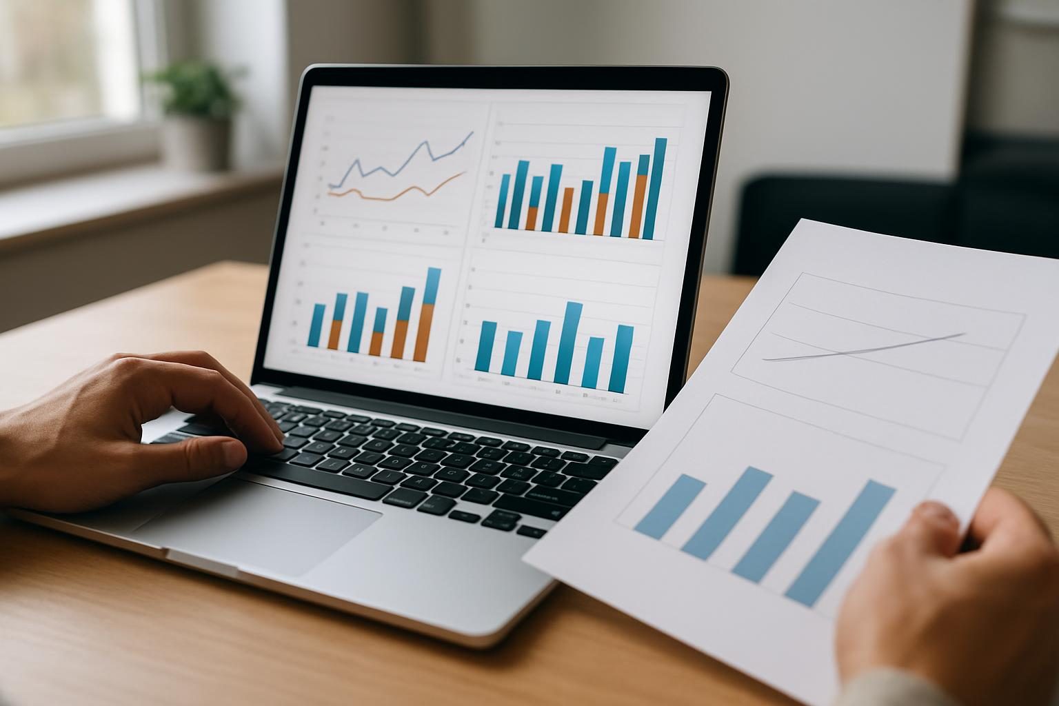 Mãos analisando gráficos de métricas de campanhas em um notebook