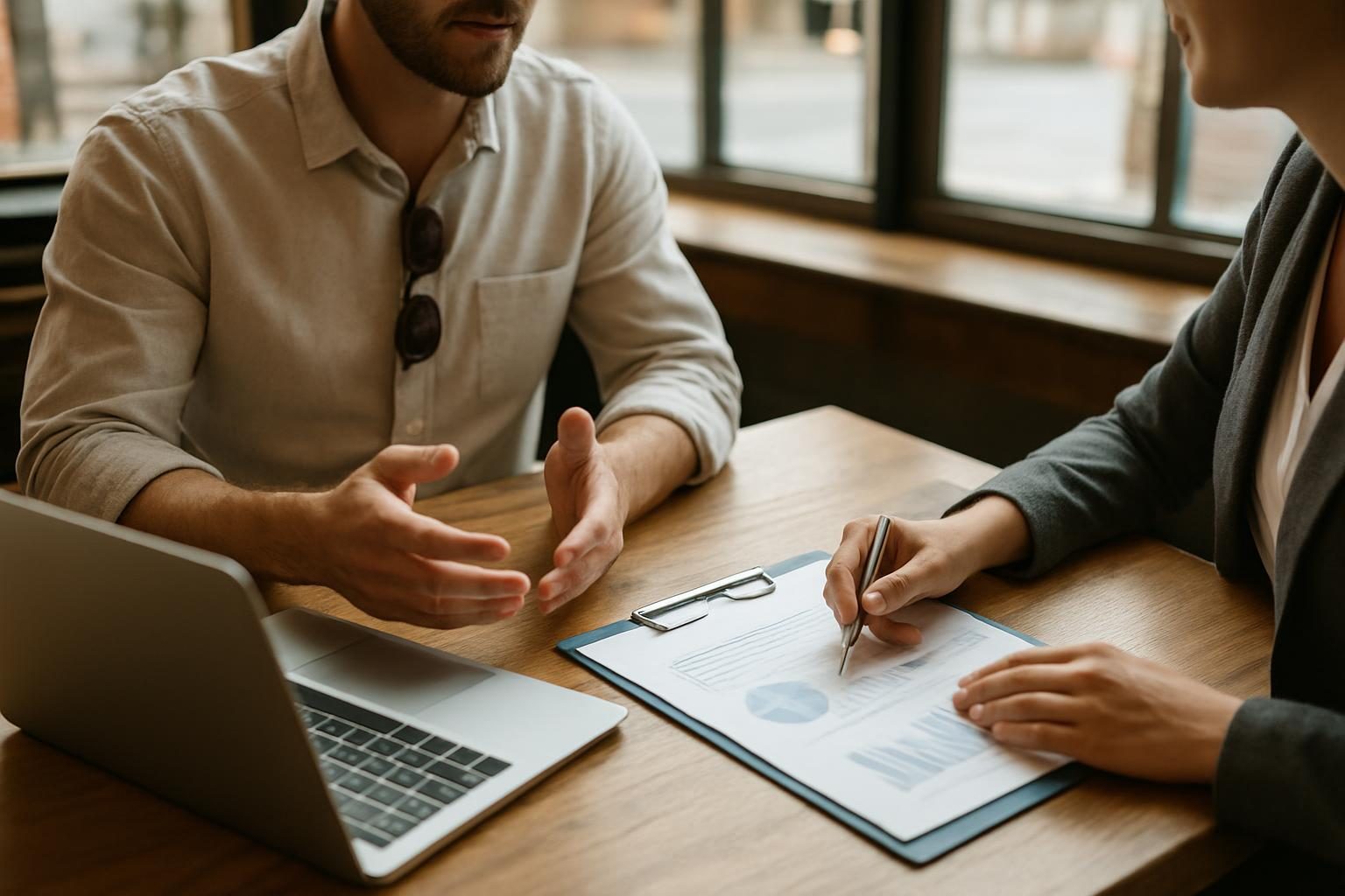 Dono de pequeno negócio conversando com consultor de marketing sobre contrato de anúncios