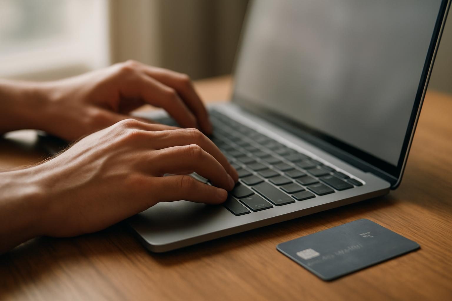 Mãos digitando no notebook ao lado de um cartão durante o pagamento de um domínio