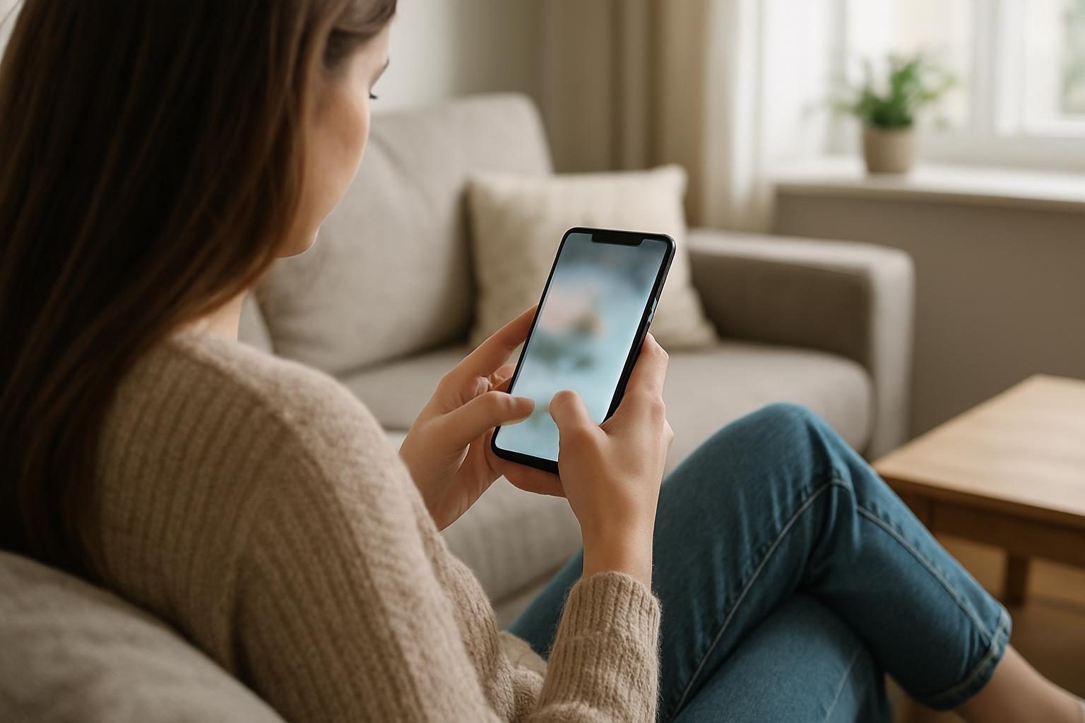 Mulher revisando uma publicação no celular antes de postar