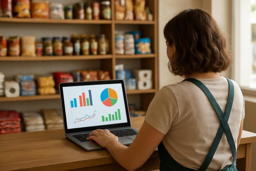 Dona de pequeno comércio analisando gráficos de desempenho de anúncios no notebook