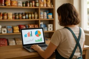 Dona de pequeno comércio analisando gráficos de desempenho de anúncios no notebook