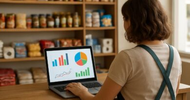 Dona de pequeno comércio analisando gráficos de desempenho de anúncios no notebook