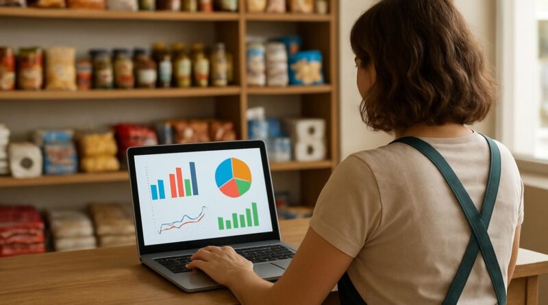 Dona de pequeno comércio analisando gráficos de desempenho de anúncios no notebook