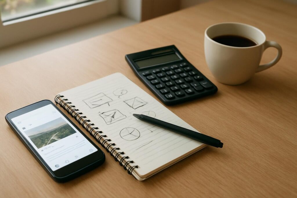Mesa com celular, caderno e calculadora usados para planejar o orçamento de anúncios