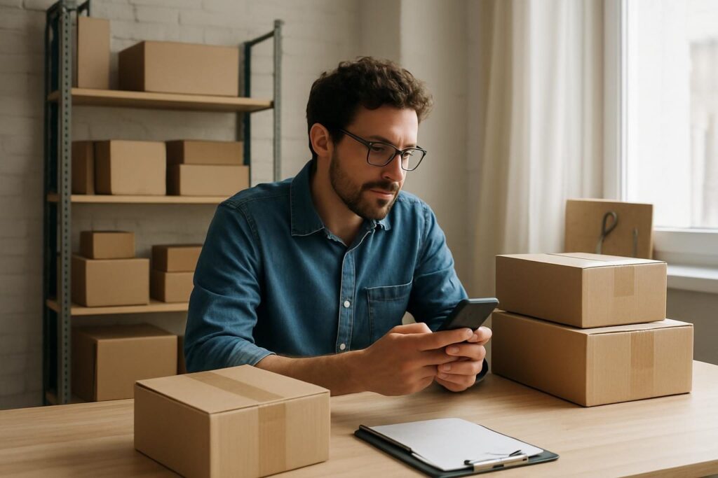 Empreendedor respondendo mensagens de clientes no celular ao lado de pedidos embalados